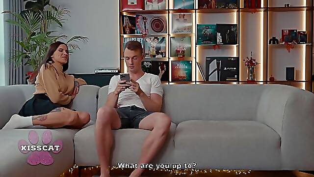 Busty MILF teaches shy babe to suck and ride her lucky young BF