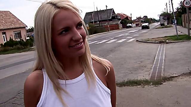 Giddy blonde sucks a schlong outdoors then has her anal jammed