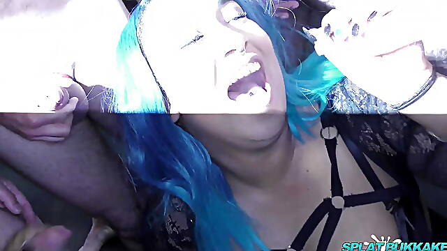 Sexy ebony babe takes bukkake facials